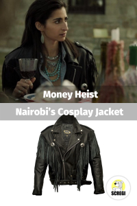 The leather jack­et black with fringes 